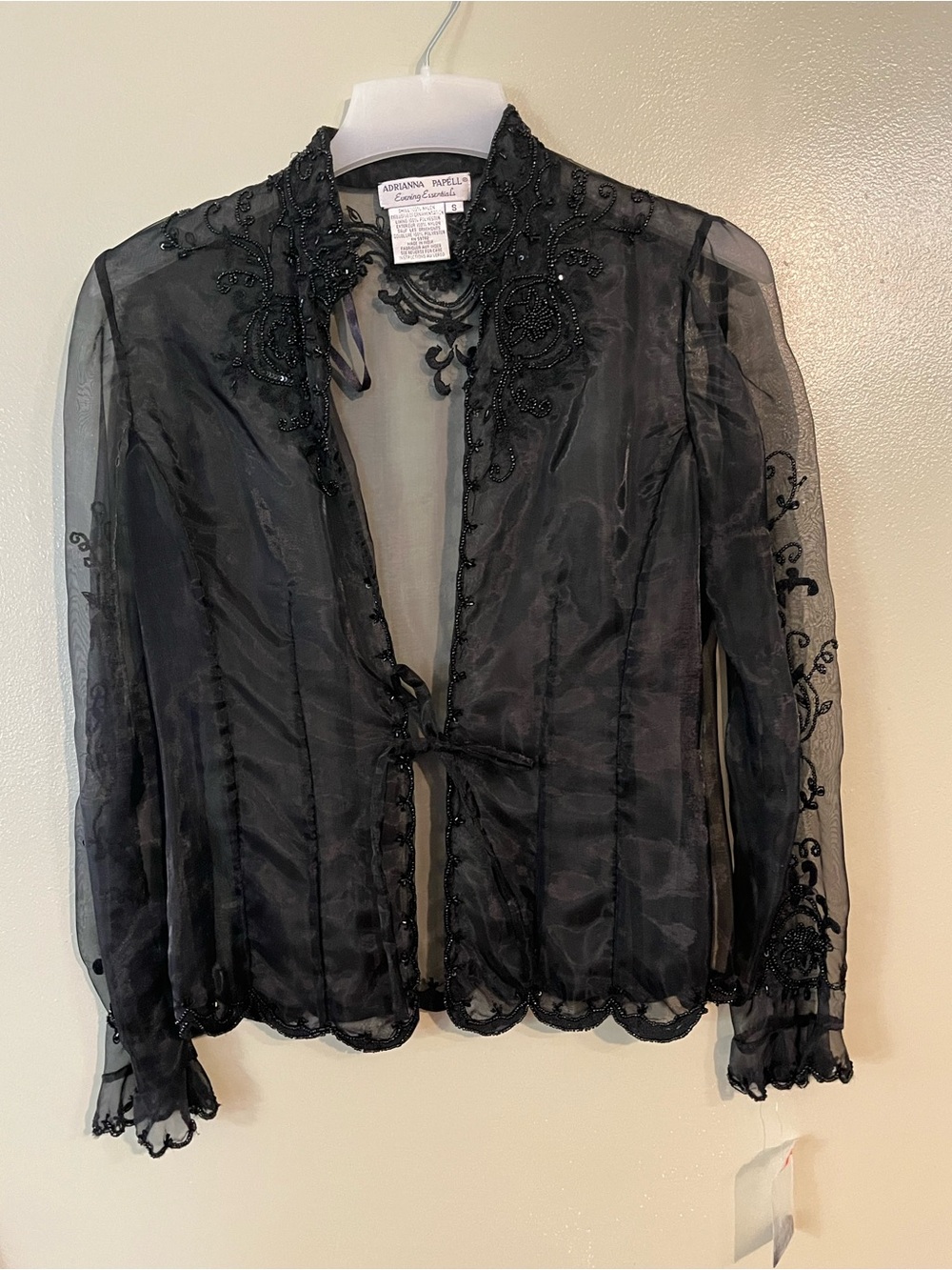 Adrianna Papell Black Beaded Evening Y2K Sheer Whimsical Front Tie Top S NWT